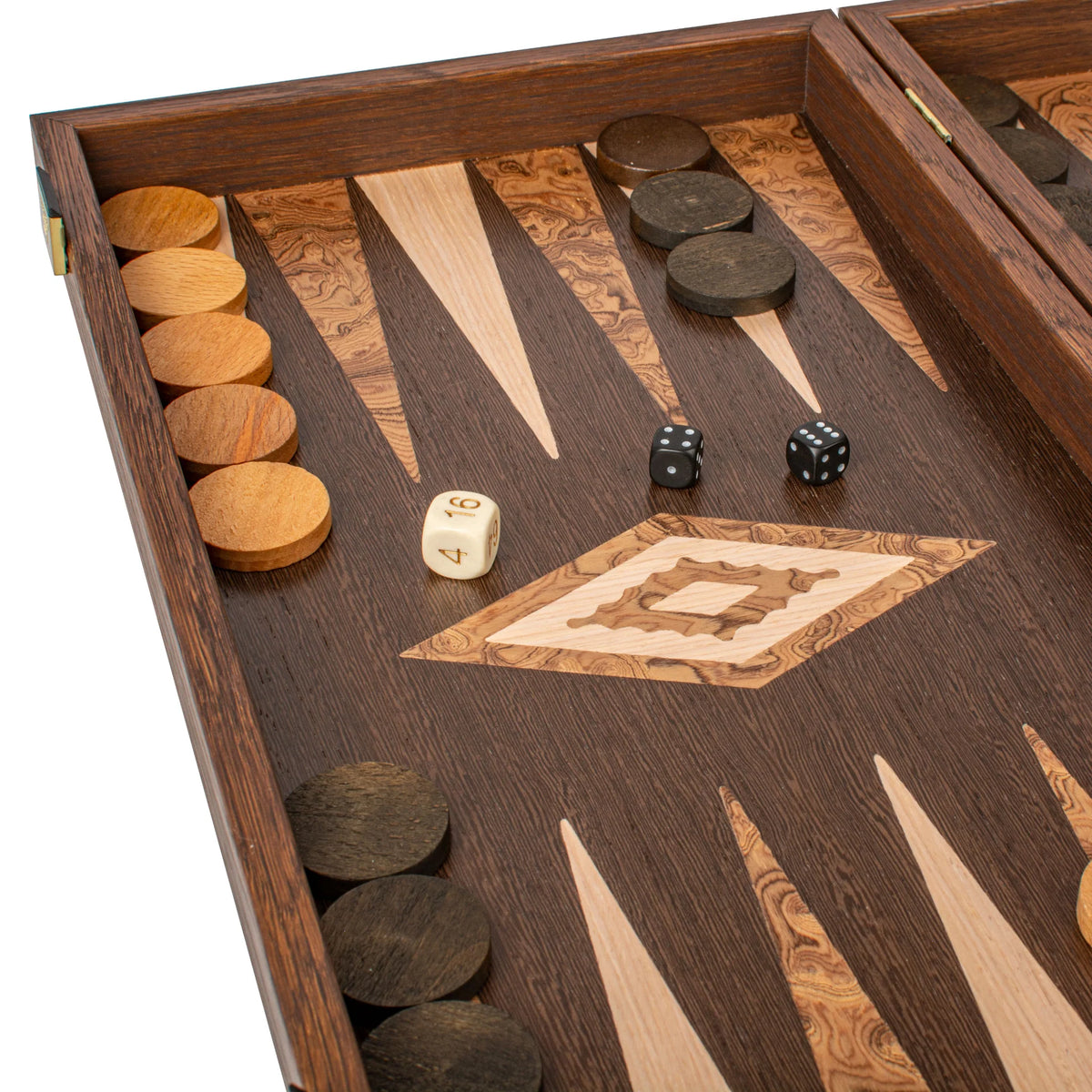 Compact Manopoulos Backgammon Set Wenge Walnut Burl Oak 30x17