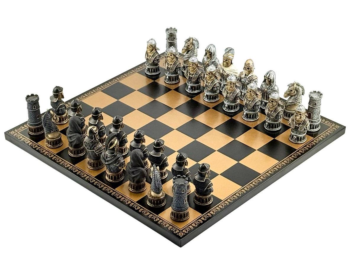 Luxury Italfama Chess Set – SKELETON BUSTS SET Hand-Painted Pieces (8 cm) + Gold & Black Leatherette Chessboard (40x40 cm) | Premium Made in Italy