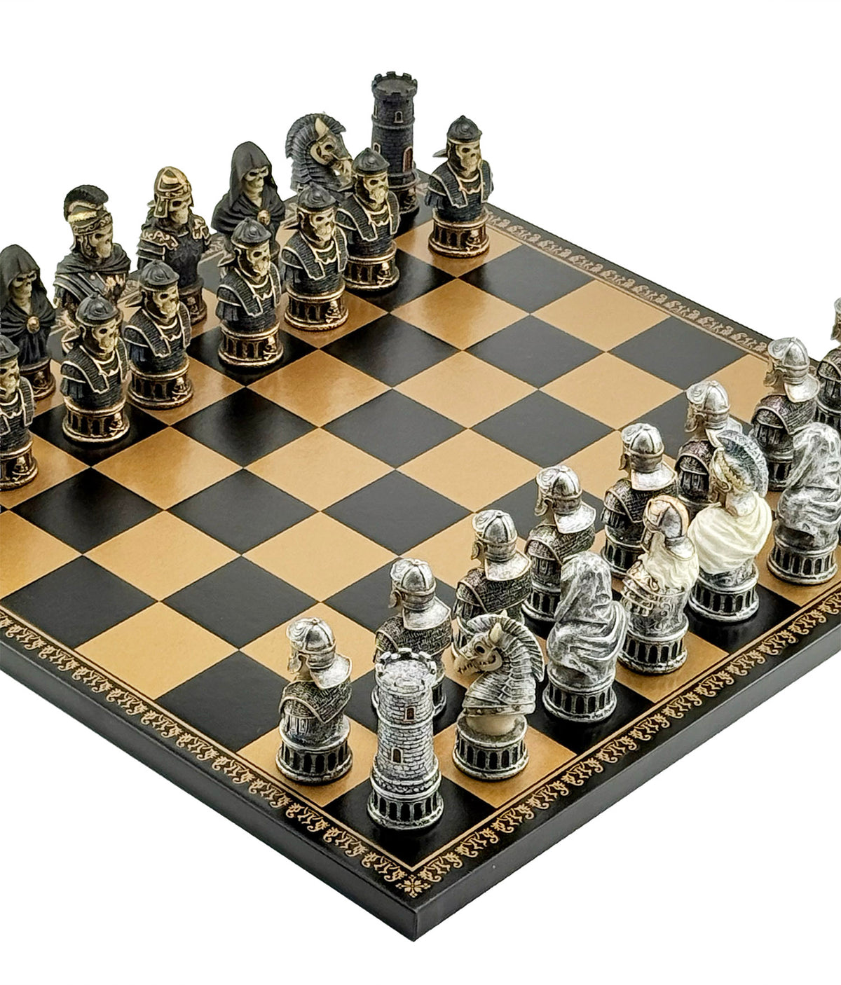 Luxury Italfama Chess Set – SKELETON BUSTS SET Hand-Painted Pieces (8 cm) + Gold & Black Leatherette Chessboard (40x40 cm) | Premium Made in Italy