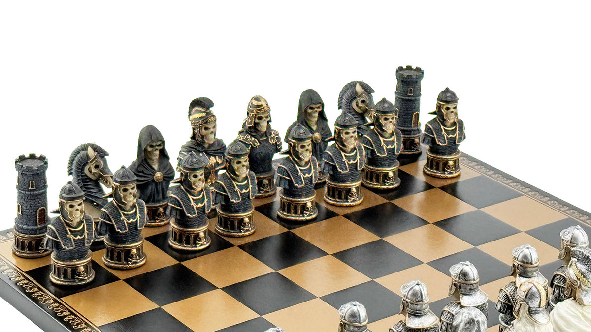 Luxury Italfama Chess Set – SKELETON BUSTS SET Hand-Painted Pieces (8 cm) + Gold & Black Leatherette Chessboard (40x40 cm) | Premium Made in Italy