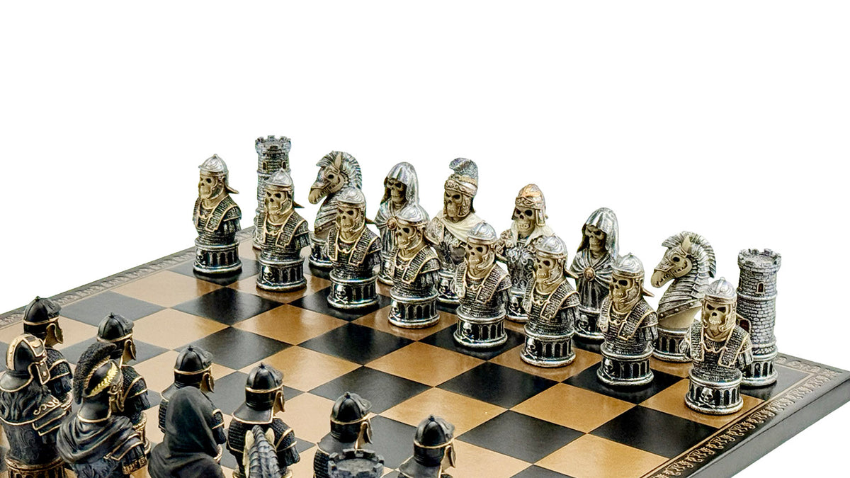 Luxury Italfama Chess Set – SKELETON BUSTS SET Hand-Painted Pieces (8 cm) + Gold & Black Leatherette Chessboard (40x40 cm) | Premium Made in Italy