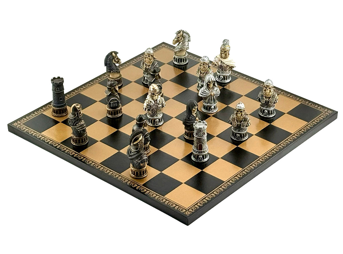 Luxury Italfama Chess Set – SKELETON BUSTS SET Hand-Painted Pieces (8 cm) + Gold & Black Leatherette Chessboard (40x40 cm) | Premium Made in Italy