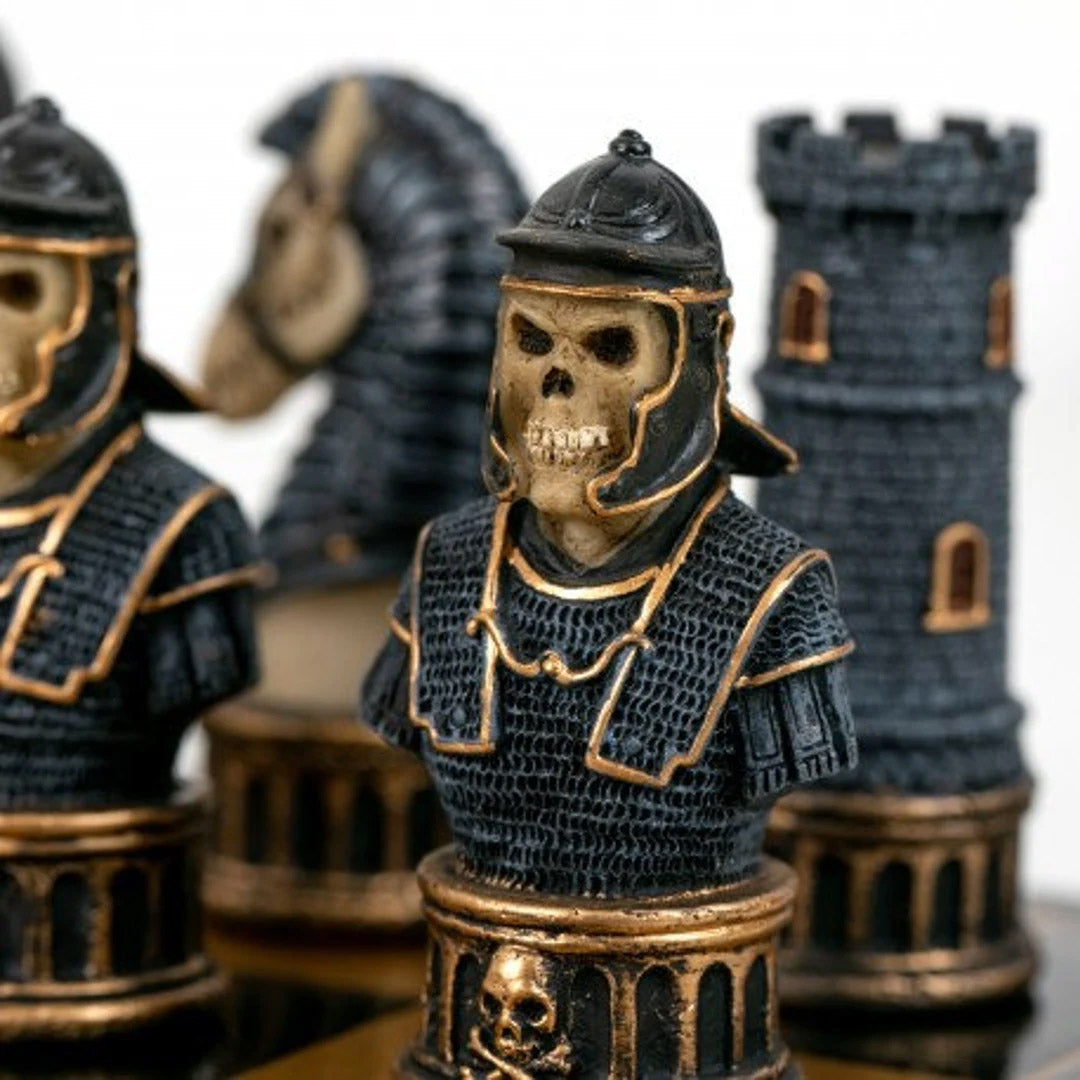 Luxury Italfama Chess Set – SKELETON BUSTS SET Hand-Painted Pieces (8 cm) + Gold & Black Leatherette Chessboard (40x40 cm) | Premium Made in Italy
