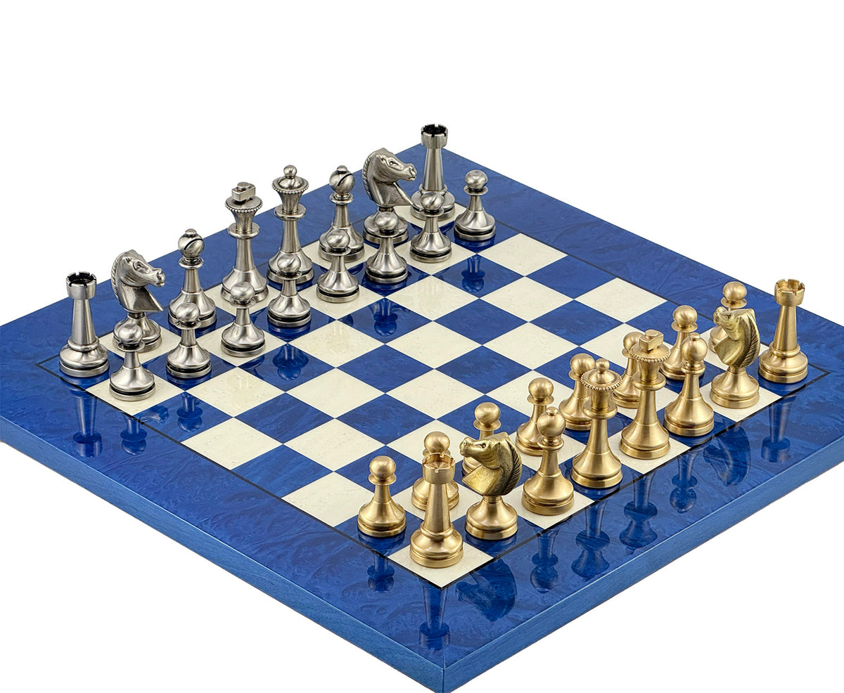 Staunton Solid Brass Chess Set 7.3cm + MADRONA Chessboard 42x42cm